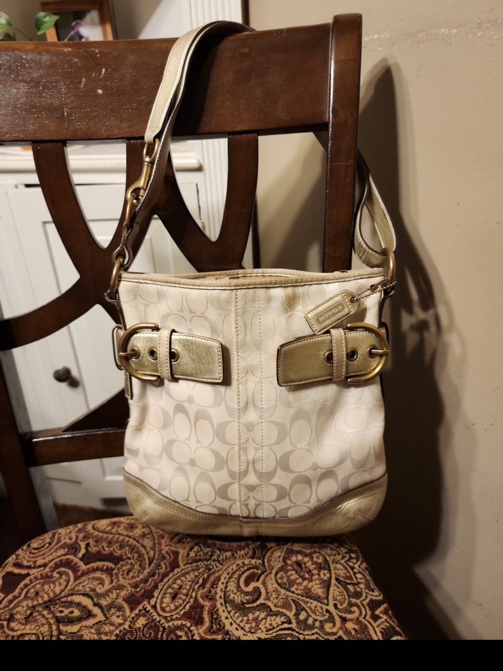 Coach Chalk Signature Canvas Shoulder Bag with Gold Accents